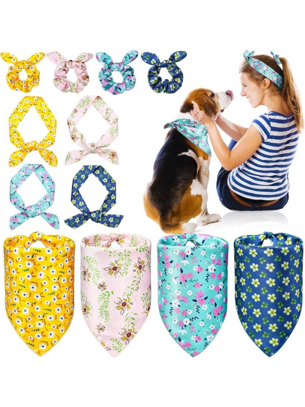 12 Pack Floral Dog Bandanas & Scrunchie Set - Matching Pet & Owner Outfits Gift